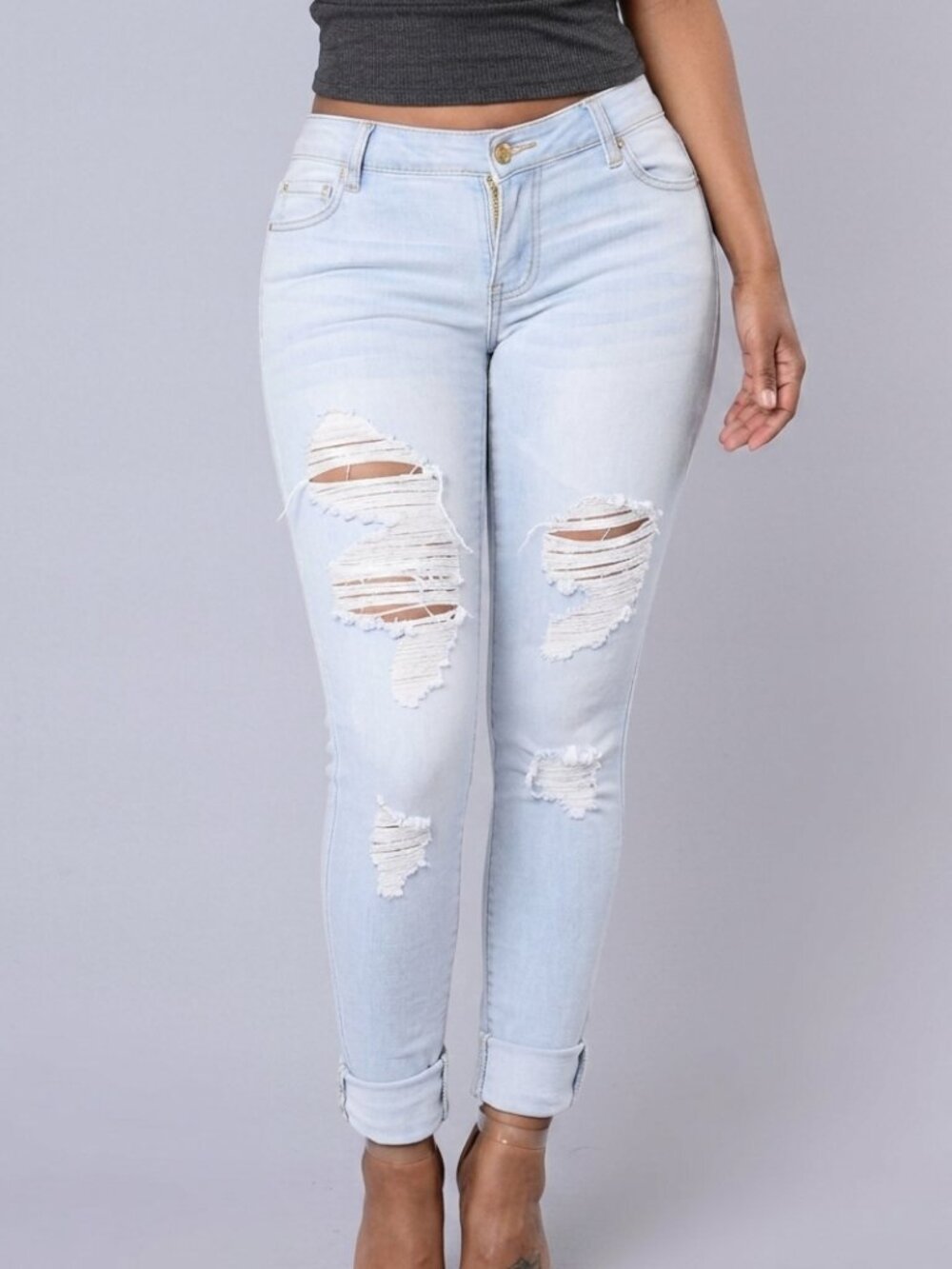 FASHION NOVA Light Wash Ripped Rips Five Pocket Zip Fly Skinny Jeans JUNIORS 9